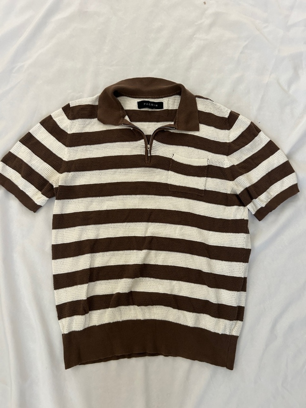 PacSun Brown & White Striped Zip-Knit Polo